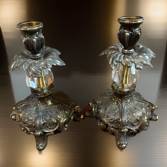 Pair Antique Hollywood Regency Style Ornate Gold cast Brass  Candlestick Holders main image 0
